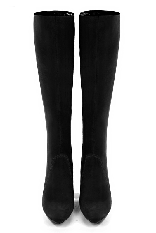 Matt black women's feminine knee-high boots. Tapered toe. Very high block heels. Made to measure. Top view - Florence KOOIJMAN